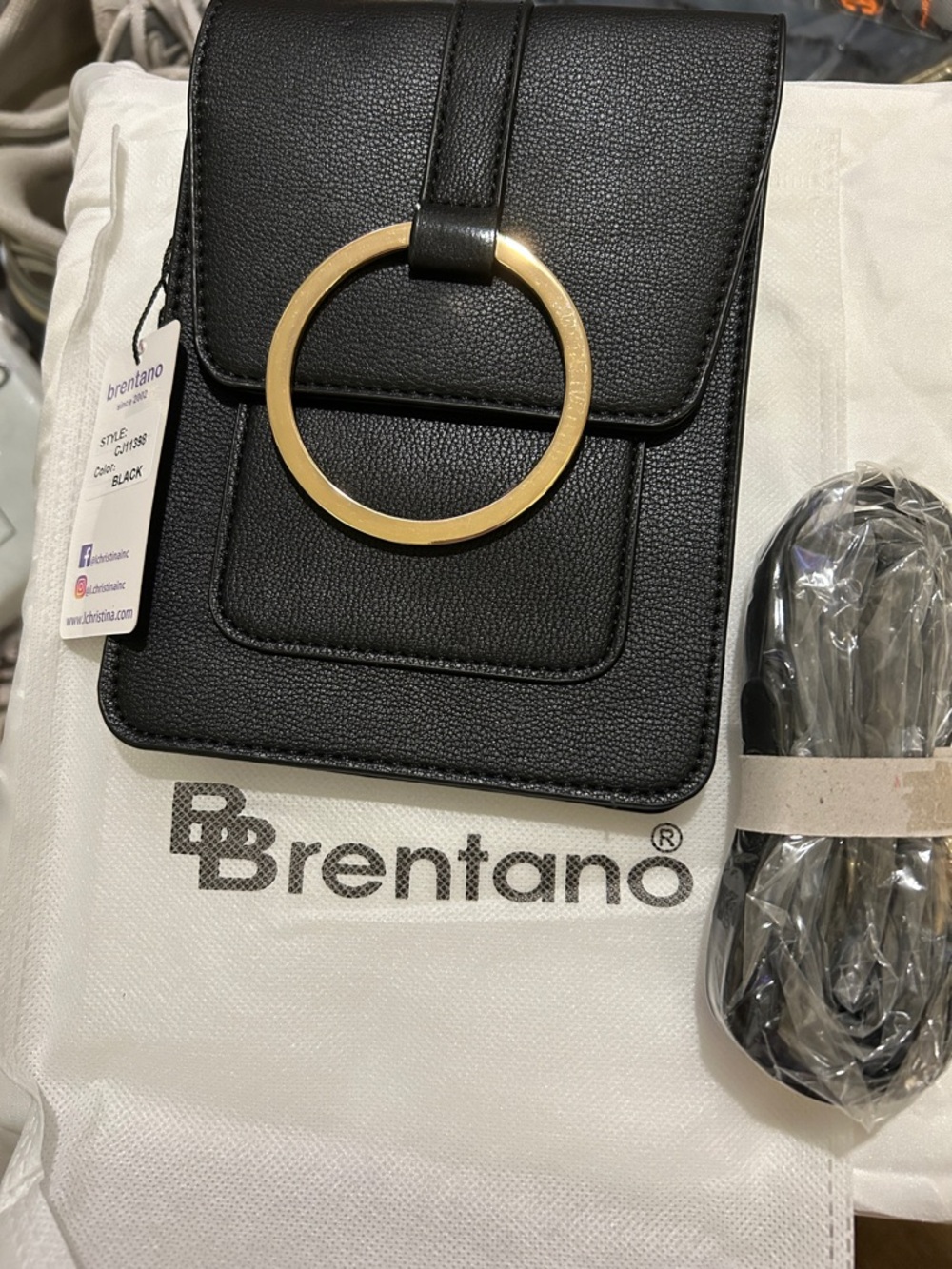 Brentano Black Crossbody Bag with Gold Ring Detail